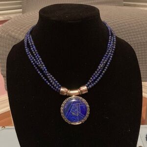 Multi Strand Sterling Silver Blue Lapis Pendant Necklace 18”